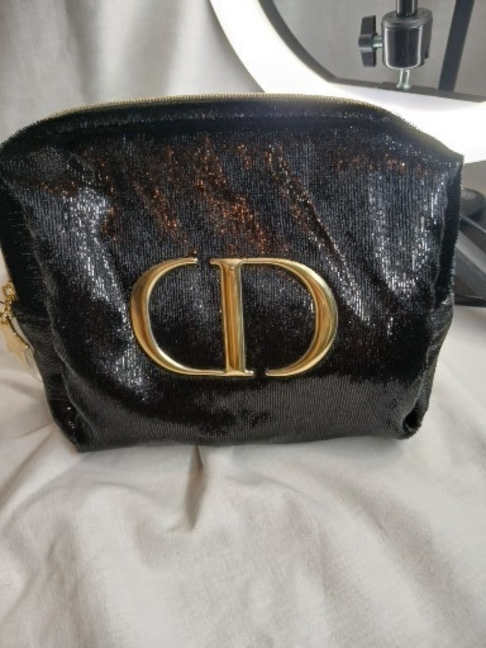 Dior Beauty Black Velour Sparkling Cosmetic Bag with Gold CD Emblem New In Box